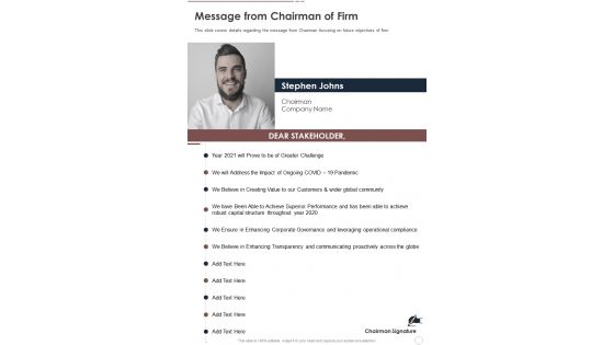 Message From Chairman Of Firm One Pager Documents