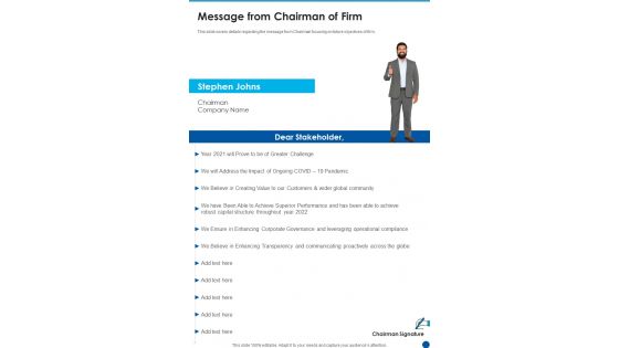 Message From Chairman Of Firm Template 161 One Pager Documents