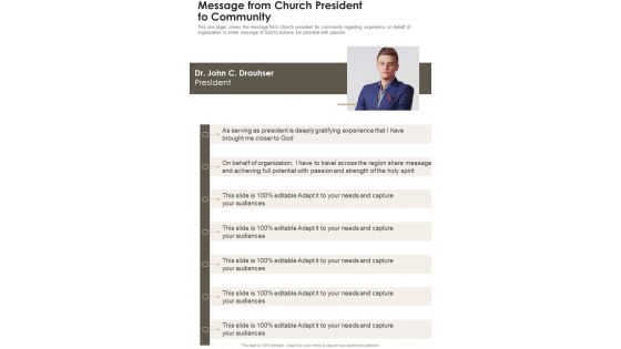 Message From Church President To Community One Pager Documents