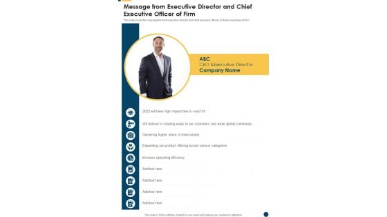 Message From Executive Director And Chief Executive Officer Of Firm One Pager Documents Message From Executive Director And Chief Executive Officer Of Firm One Pager Documents