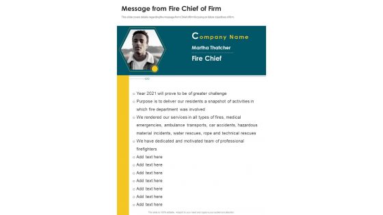 Message From Fire Chief Of Firm One Pager Documents