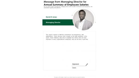 Message From Managing Director For Annual Summary Of Employee Salaries One Pager Documents