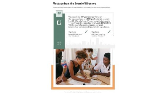 Message From The Board Of Directors One Pager Documents