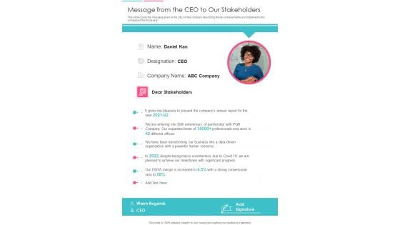 Message From The CEO To Our Stakeholders One Pager Documents Message From The CEO To Our Stakeholders One Pager Documents