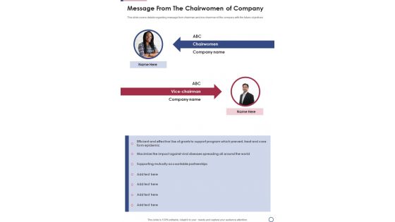 Message From The Chairwomen Of Company One Pager Documents