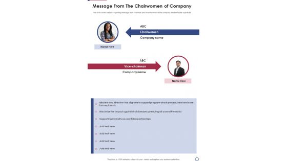 Message From The Chairwomen Of Company One Pager Documents
