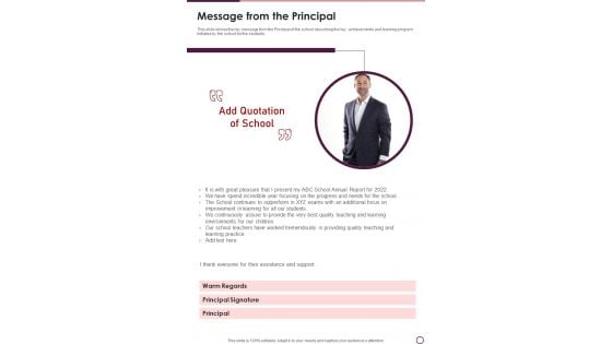 Message From The Principal Template 93 One Pager Documents