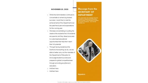 Message From The SECRETARY OF DEPARTMENT One Pager Documents Message From The SECRETARY OF DEPARTMENT One Pager Documents