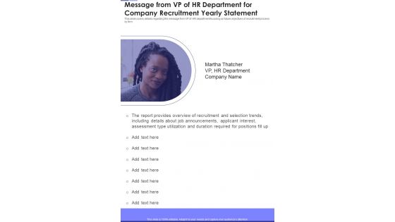 Message From VP Of HR Department For Company Recruitment Yearly Statement One Pager Documents Message From VP Of HR Department For Company Recruitment Yearly Statement One Pager Documents