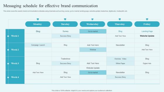 Messaging Schedule For Effective Brand Communication Building A Comprehensive Brand Elements PDF Messaging Schedule For Effective Brand Communication Building A Comprehensive Brand Elements PDF