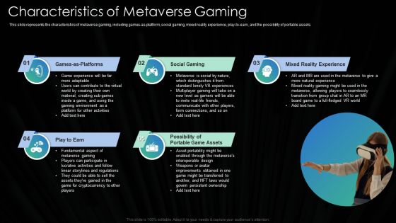 Metaverse Technology IT Characteristics Of Metaverse Gaming Ppt Gallery Example Introduction PDF