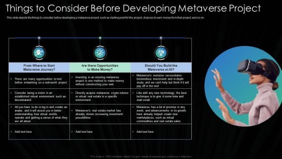 Metaverse Technology IT Things To Consider Before Developing Metaverse Project Ppt Slides Demonstration PDF