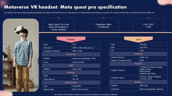 Metaverse VR Headset Meta Quest Pro Specification Ppt Ideas Example PDF