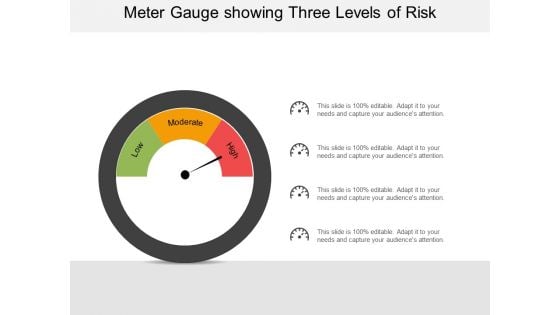 Meter Gauge Showing Three Levels Of Risk Ppt PowerPoint Presentation Pictures Graphics