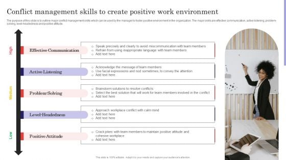 Methods For Handling Stress And Disputes Conflict Management Skills To Create Positive Work Brochure PDF