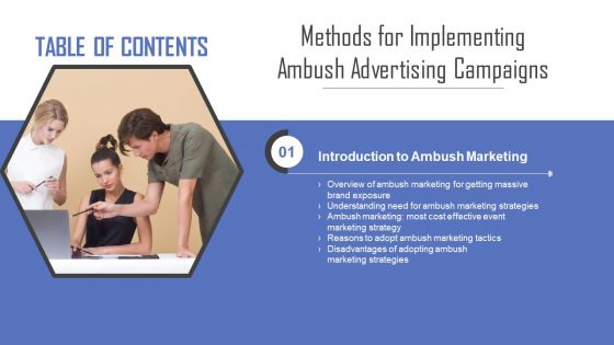 Methods For Implementing Ambush Advertising Campaigns Tables Of Content Inspiration PDF