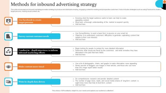 Methods For Inbound Advertising Strategy Icons PDF