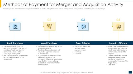 Methods Of Payment For Merger And Acquisition Activity Ppt Professional Vector PDF