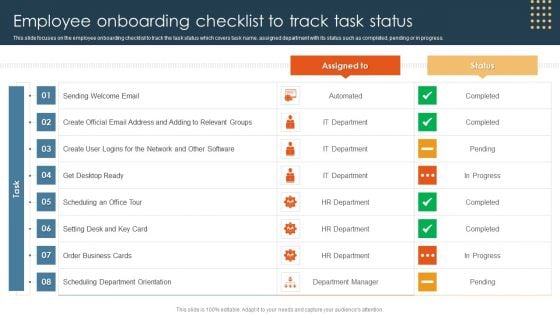 Methods To Optimize HR Operations Employee Onboarding Checklist To Track Task Status Graphics PDF Methods To Optimize HR Operations Employee Onboarding Checklist To Track Task Status Graphics PDF