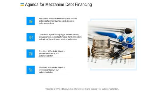 Mezzanine Debt Financing Pitch Deck Agenda For Mezzanine Debt Financing Summary PDF