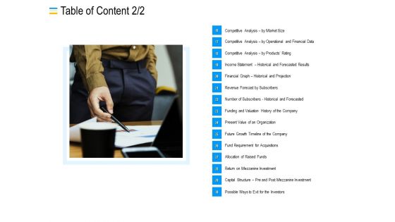 Mezzanine Debt Financing Pitch Deck Table Of Content Analysis Ppt Show Master Slide PDF