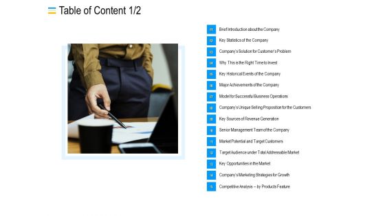 Mezzanine Debt Financing Pitch Deck Table Of Content Team Ppt Show Icon PDF