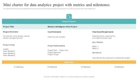 Mini Charter For Data Analytics Project With Metrics And Milestones Brochure PDF Mini Charter For Data Analytics Project With Metrics And Milestones Brochure PDF