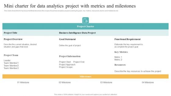 Mini Charter For Data Analytics Project With Metrics And Milestones Brochure PDF