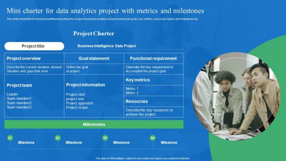 Mini Charter For Data Analytics Project With Metrics And Milestones Clipart PDF