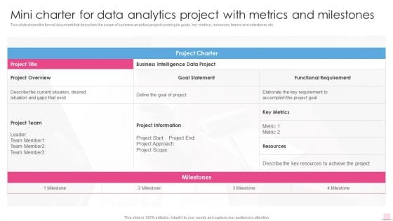 Mini Charter For Data Analytics Project With Metrics Business Analysis Modification Toolkit Infographics PDF