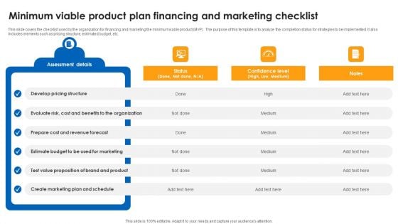 Minimum Viable Product Plan Financing And Marketing Checklist Topics PDF