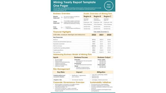 Mining Yearly Report Template One Pager PDF Document PPT Template