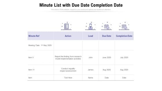 Minute List With Due Date Completion Date Ppt PowerPoint Presentation Gallery Designs Download