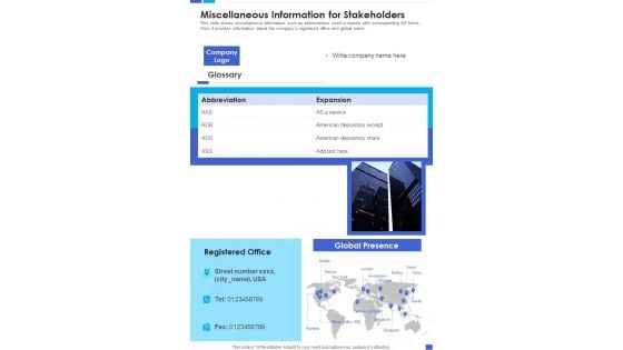Miscellaneous Information For Stakeholders Template 149 One Pager Documents