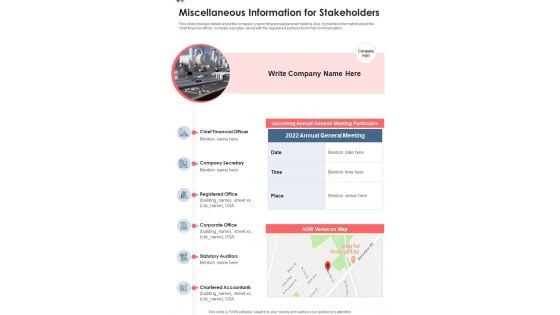Miscellaneous Information For Stakeholders Template 215 One Pager Documents Miscellaneous Information For Stakeholders Template 215 One Pager Documents