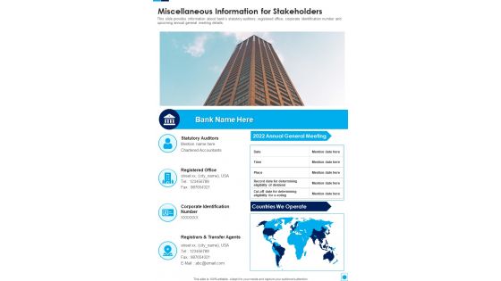Miscellaneous Information For Stakeholders Template 224 One Pager Documents Miscellaneous Information For Stakeholders Template 224 One Pager Documents