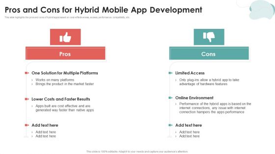 Mobile Application Development Pros And Cons For Hybrid Mobile App Development Graphics PDF