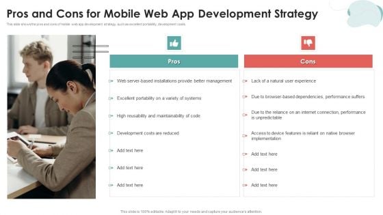 Mobile Application Development Pros And Cons For Mobile Web App Development Strategy Background PDF