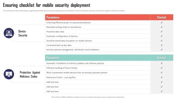 Mobile Device Management Ensuring Checklist For Mobile Security Deployment Elements PDF