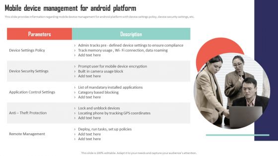 Mobile Device Management Mobile Device Management For Android Platform Icons PDF
