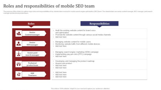 Mobile Search Engine Optimization Plan Roles And Responsibilities Of Mobile SEO Team Elements PDF