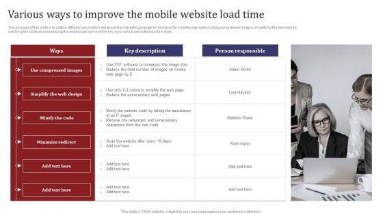 Mobile Search Engine Optimization Plan Various Ways To Improve The Mobile Website Load Time Infographics PDF