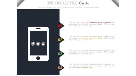 Mobile With Four Tags And Social Media Icons Powerpoint Slides