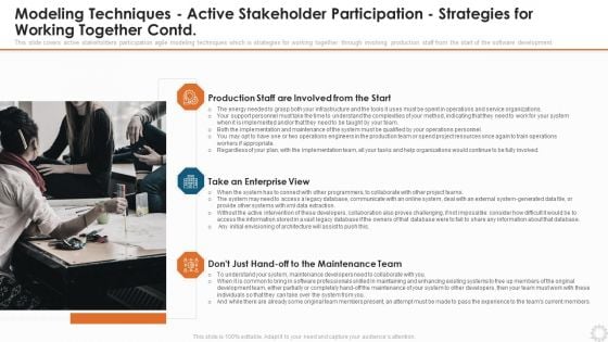 Modeling Techniques Active Stakeholder Participation Strategies For Working Together Contd Mockup PDF