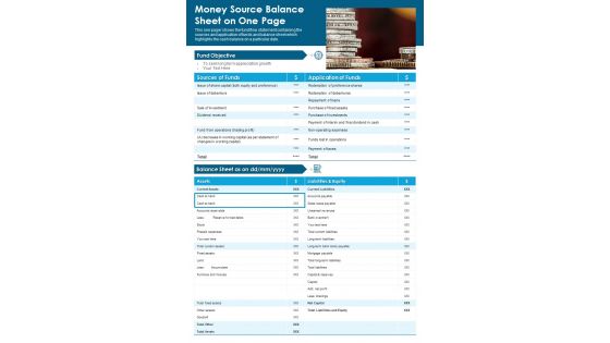 Money Source Balance Sheet On One Page PDF Document PPT Template