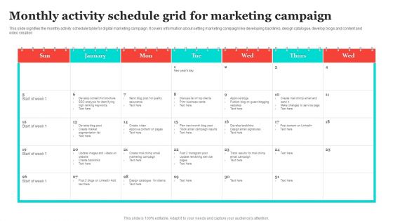 Monthly Activity Schedule Grid For Marketing Campaign Demonstration PDF