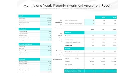 Monthly And Yearly Property Investment Assessment Report Ppt PowerPoint Presentation Infographics Icons PDF