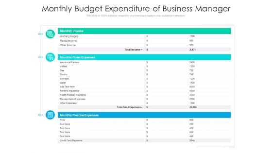 Monthly Budget Expenditure Of Business Manager Ppt PowerPoint Presentation File Tips PDF