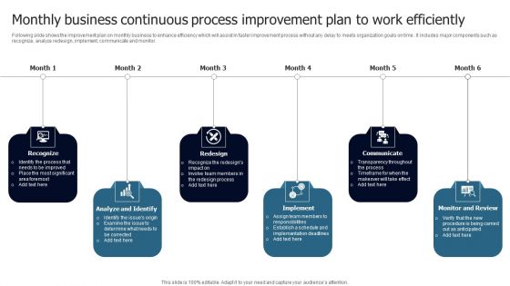 Monthly Business Continuous Process Improvement Plan To Work Efficiently Slides PDF