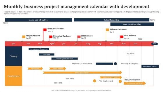 Monthly Business Project Management Calendar With Development Ppt Inspiration Summary PDF